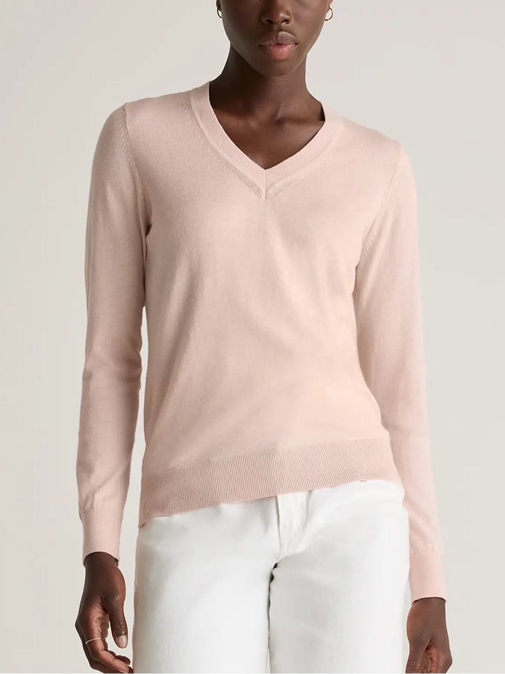 QUINCE Lightweight Cotton Cashmere V-Neck Sweater Sugar Stone Pink M Classic